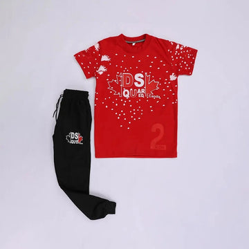 تيشرت نص كم وبنطلون اولادي محير ميلتون رسومات احمر في اسود صيفي من براند الغلابة - BRAND-10